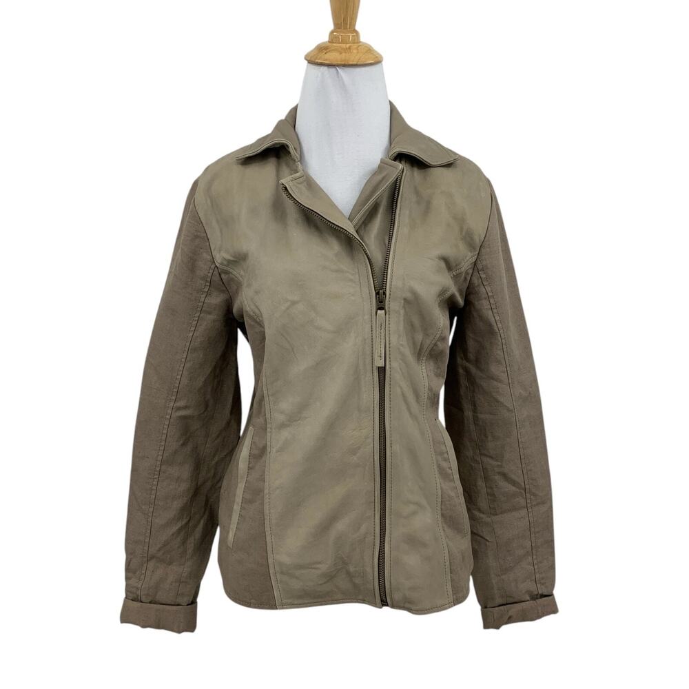 Lucky Brand Jacket Womens M Stone Linen Blend Mixed Media Leather Panels Moto